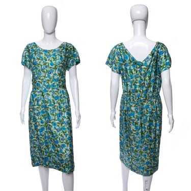 1950's Blue and Green Floral Print Silk Cocktail Dress Size XL
