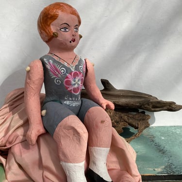 Vintage Lupita Doll, Mexican Jointed Paper Mache Doll, Green Cartoneria Doll, Red Hair, Signed Elvira 