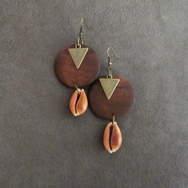 Cowrie shell and wooden Afrocentric dangle earrings 