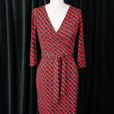 Classic Diane von Furstenburg Black/Red Chain Link Print Silk Jersey Jeanne Wrap Dress 
