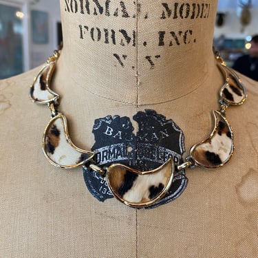 1950s leopard necklace, pony hair, vintage 50s choker, costume, mid century jewelry, rockabilly style, animal print, mrs maisel 