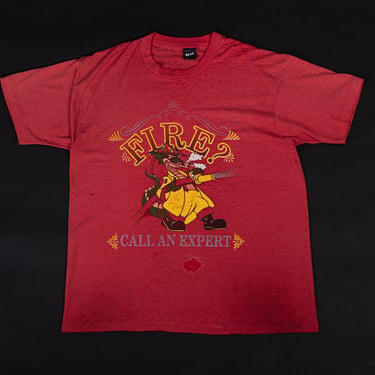 80s "Fire? Call An Expert" Dragon Burnout Tee - Men's XL | Vintage Red Funny Graphic T Shirt 