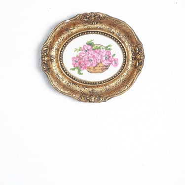 Antique vintage ornate gold oval frame | vintage floral needlepoint art 