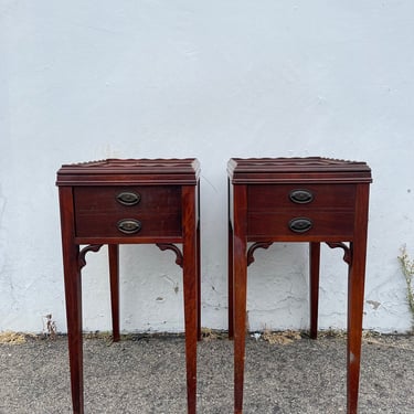 Pair of Antique Tables Mahogany Wood Nightstands Bedside Table Chinoiserie Fretwork Victorian Asian Hollywood Regency CUSTOM PAINT AVAIL 