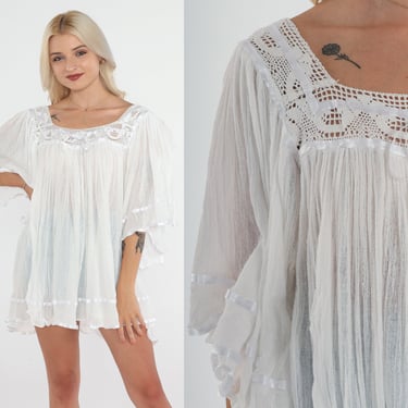 White Peasant Top 90s Cotton Gauze Blouse Semi-Sheer Flowy Angel Sleeve Tunic Shirt Floral Lace Cutout Festival Vintage 1990s Small Medium 
