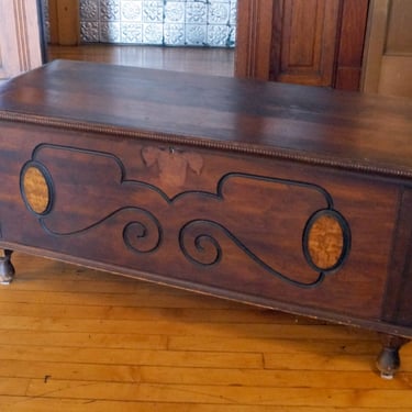 Dark Wood Cedar Chest w Carved Front and Legs
