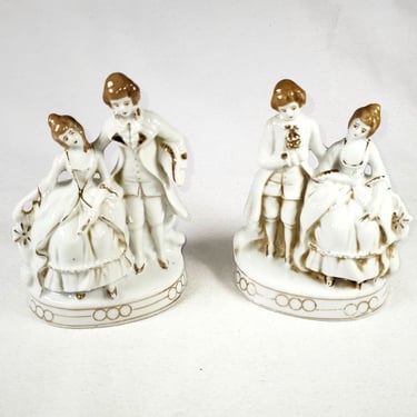 Victorian Courting Couple Set Bisque White Gold Made in Japan Pair of Figurines 