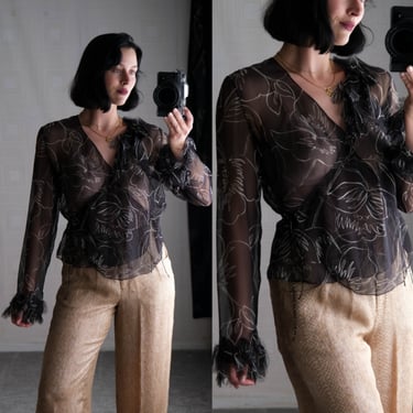 Vintage RALPH LAUREN Black Label Black Floral Print Sheer Silk Wrap Blouse w/ Raw Feathered Collar & Cuffs | 100% Silk | Y2K Designer Top 