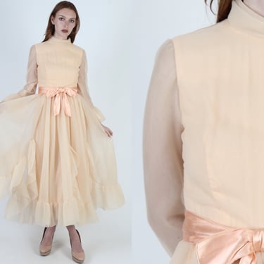 Nude See Through Chiffon Maxi Dress / Long Sheer Peach Plain Color Dress / Vintage 70s Flowy Trumpet Sleeve Maxi Dress 