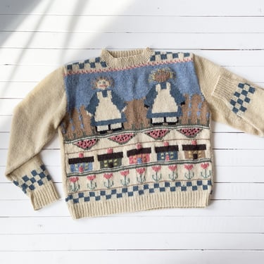cute cottagecore sweater 80s 90s vintage country farm rag doll cream wool sweater 