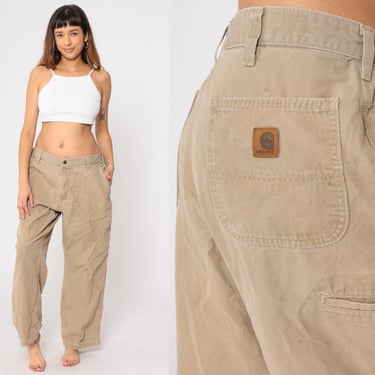 Khaki Carhartt Pants Y2k Tan Straight Leg Workwear Distressed Work Pants High Waisted Rise Carpenter Cargo Vintage 00s Men's 38 x 30 Large 