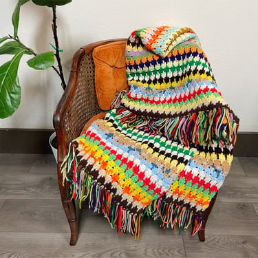 Vintage Handmade Rainbow Multi Color Yarn Fringe Blanket 76" x 42" | Knit, Crochet, Afghan, 1970s, Retro, Funky, Comfy, Throw, Giant 