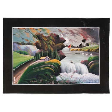 Pradip Acrylic Painting on Paper India Landscape Vintage Waterfall Sun 