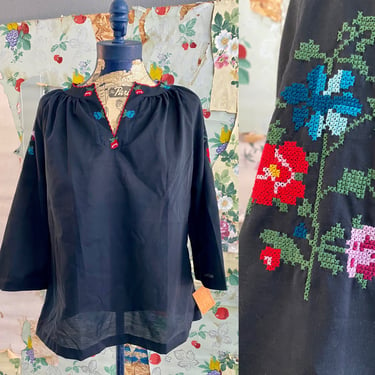 1960s Embroidered Floral Cross Stitch Black Blouse by Danyali Designs. Medium. By Copperhive Vintage. 