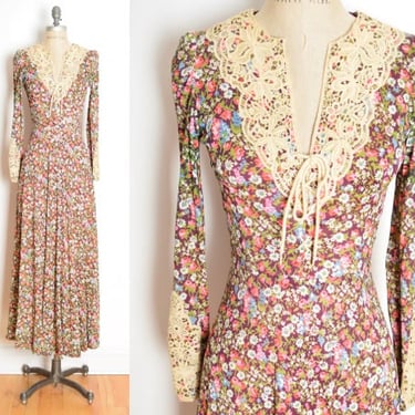 vintage 70s dress cottagecore hippie boho corset long maxi floral print XS S crochet 