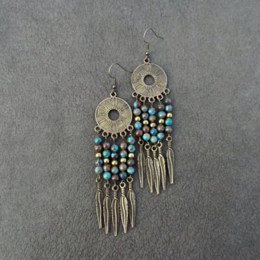 Southwest tribal jasper and bronze chandelier earrings 