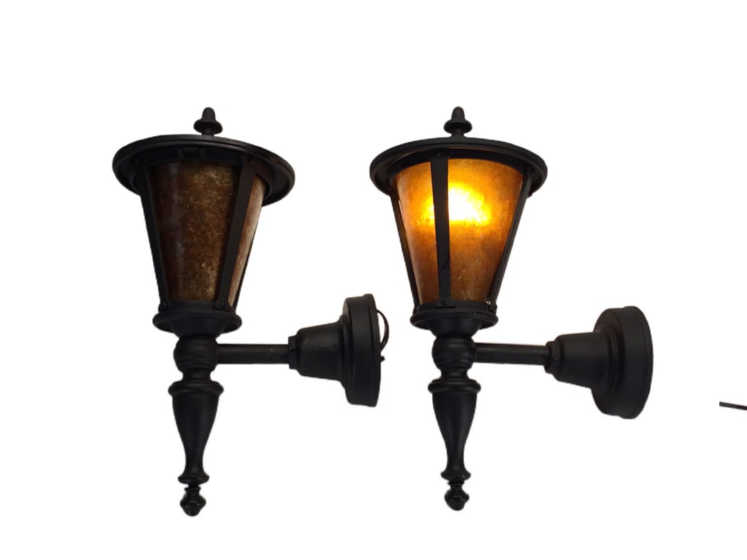 Matching Pair 1920s Cast Iron Coach Lights with Mica Shades Filament