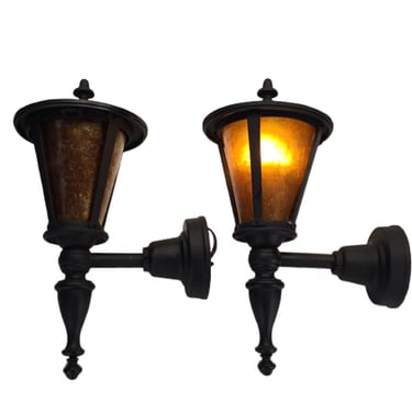 Matching Pair 1920s Cast Iron Coach Lights with Mica Shades Exterior Porch Lights FREE SHIPPING 