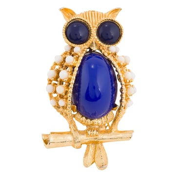 Pauline Rader 1960s Vintage Cabochon Gold-Tone Figural Owl Brooch 