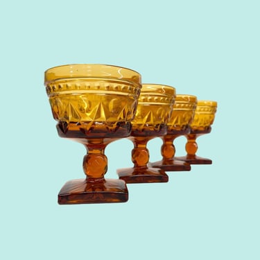 Vintage Goblets Retro 1970s Bohemian + Amber Glass + Set of 4 + Wine or Coupe + Cocktail Glasses + Cut Glass Design + Kitchen and Bar Decor 