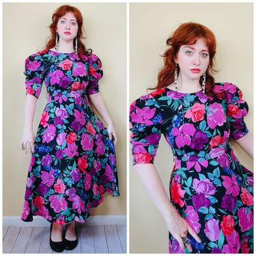 1980s Vintage Silk Floral Puffed Sleeve Dress / 80s Pink and Purple Floral Cabbage Rose Fit and Flare Dress / Small - Medium 