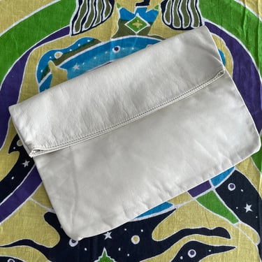 Vintage ‘80s bone leather folder clutch | winter white handbag purse, eighties aesthetic 