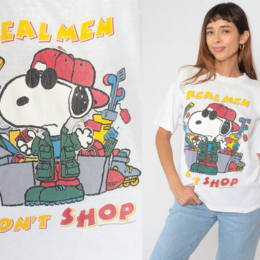 Vintage Snoopy Shirt 90s Joe Cool T-Shirt Real Men Don't Shop Peanuts Graphic Tee Funny Joke Tshirt Retro Cartoon Comic Dog 1990s Medium M 