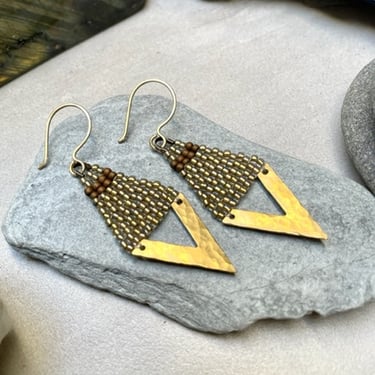 Hammered Brass and Gold Beaded Diamond Shaped Earrings