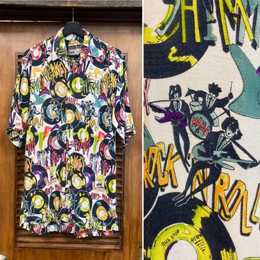 Vintage 1980’s Rock n’ Roll Dance Cartoon Print Rayon New Wave Shirt, 80’s New Wave Band Shirt, Vintage Record Print, Vintage Clothing 