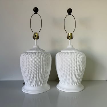 Vintage Coastal Woven Basket Pattern Plaster Table Lamps - A Pair 