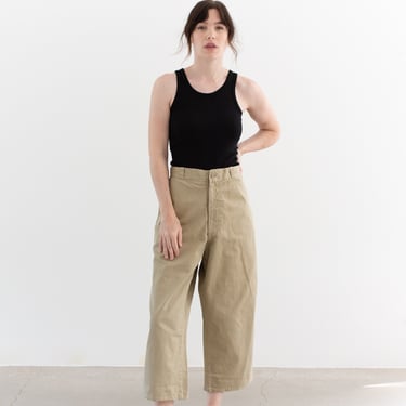 Vintage 31 High Waist Khaki Crop Twill Chinos | Unisex Straight Wide Leg Pant Beige | Workwear Trouser | Zipper Fly | KP03 