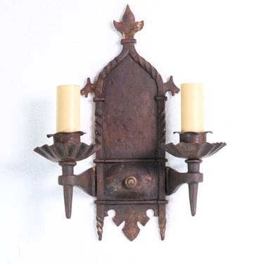 Arts &#038; Crafts Gothic Wrought Iron 2 Candle Wall Sconce