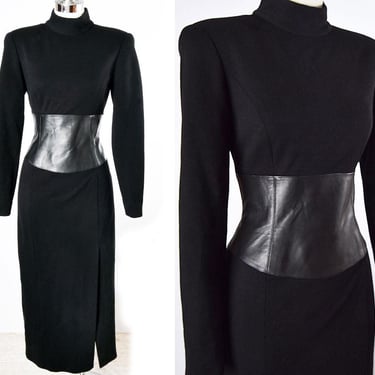 TERI JON Black LEATHER Corset Dress Sexy Fitted Wool Wiggle Evening Party Dress 1980's Vintage, High Leg Slit, size 4 