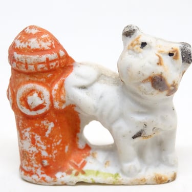 Antique China Bisque Cigar Smoking Bull Dog Using Hydrant, Unglazed Hand Painted Vintage Toy 