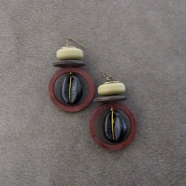 Cowrie shell earrings, black and earth tone, chunky earrings 