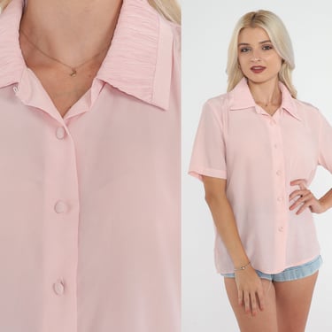 Baby Pink Blouse 80s Button Up Shirt Semi-Sheer Plain Short Sleeve Top Preppy Basic Collared Minimal Simple Pastel Vintage 1980s Medium M 