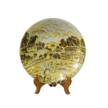 Chinese Yellow White Village Tree Graphic Porcelain Decor Plate ws3300E 