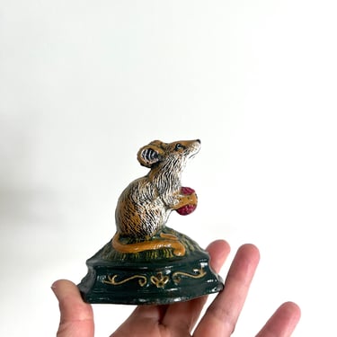 Vintage Cast Iron Mouse Doorstop, Mouse Holding Raspberry Doorstop 