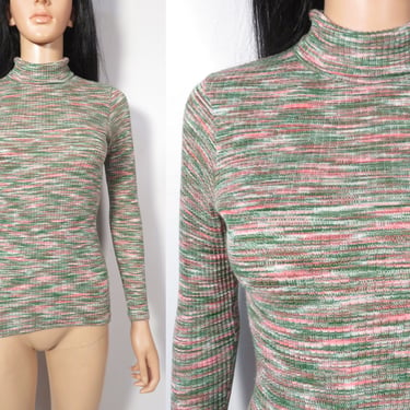 Vintage 70s Space Dyed Ribbed Knit Green And Pink Stretchy Soft Turtleneck Size S/M 