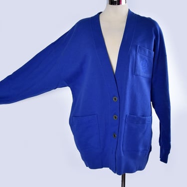 1980's Lizsport Oversized Royal Blue Sweatshirt Cardigan Jacket Medallion Chest Pocket 100% Cotton Fleece Vintage Liz Claiborne 