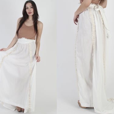 Long White Cotton Prairie Maxi Skirt, Hi Lo Asymmetrical Fishtail Hem, Vintage 70s Hippie Floor Length Country Skirt 