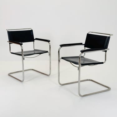 Set of 2 Bauhaus black leather iconic armchairs by mart Stam for Thonet 1980s 