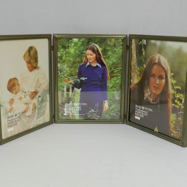 Vintage Tri-Fold Hinged Picture Frame - Triple Gold Tone Tabletop Metal Frame w/ Glass - Holds Three 8