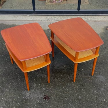 Two Solid Teak Trapezoidal Side Tables w/ Shelves by Hvidt & Mølgaard-Nielsen
