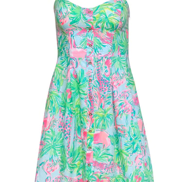Lilly Putlitzer - Blue, Green & Pink Cotton Tropical Flamingo Print Dress Sz 00
