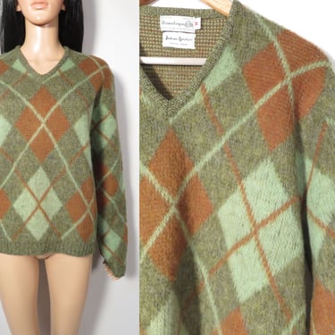 Vintage 60s Unisex Argyle Wool Sweater Size M 