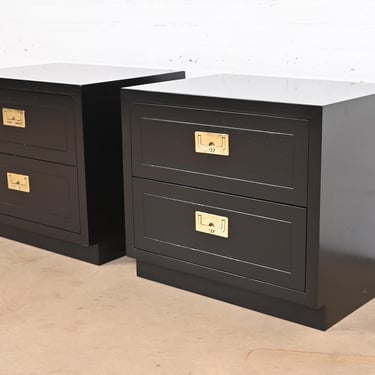 Henredon Hollywood Regency Black Lacquered Campaign Nightstands, Newly Refinished