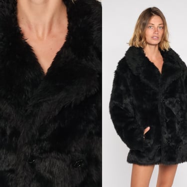 Faux Fur Coat Black 80s Double Breasted Jacket Pea Coat Fake Fur Button Up 70s 1980s Mod Furry Vegan Winter Vintage Glam Extra Large XL 