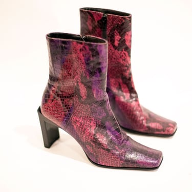 Vintage Faux Snakeskin Purple + Pink Ombré Square Toe Ankle Boots sz 7 Nine West Heels Y2K 