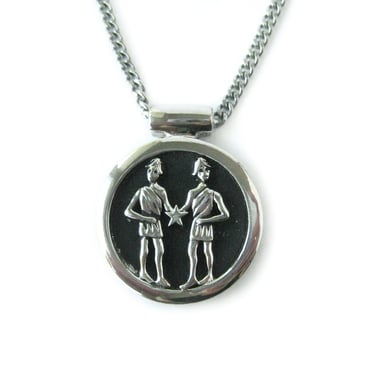 Vintage Zodiac Pendant Necklace, GEMINI Astrological Jewelry, Late May to June Birthday Gift, Sixties Seventies Slider Medallion 